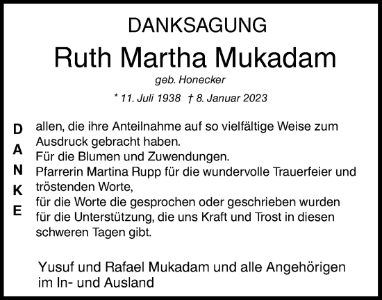 Traueranzeige von Ruth Martha Mukadam von NWZ Neue Württembergische Zeitung