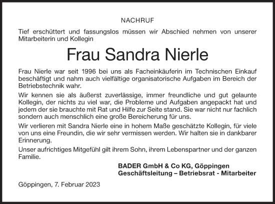 Traueranzeige von Sandra Nierle von NWZ Neue Württembergische Zeitung