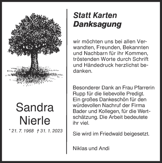 Traueranzeige von Sandra Nierle von NWZ Neue Württembergische Zeitung