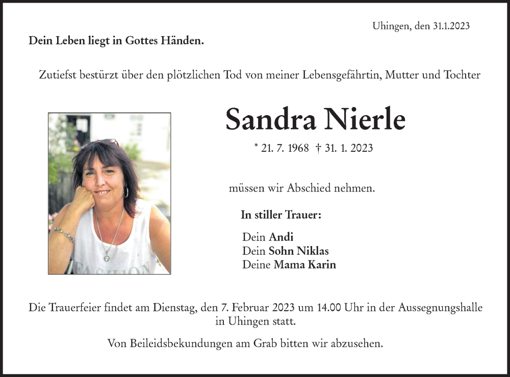  Traueranzeige für Sandra Nierle vom 04.02.2023 aus NWZ Neue Württembergische Zeitung