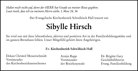 Traueranzeige von Sibylle Hirsch von Haller Tagblatt