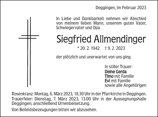 Traueranzeige von Siegfried Allmendinger von Geislinger Zeitung