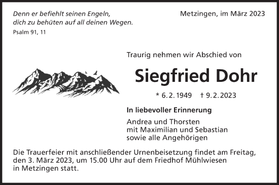 Traueranzeige von Siegfried Dohr von Metzinger-Uracher Volksblatt