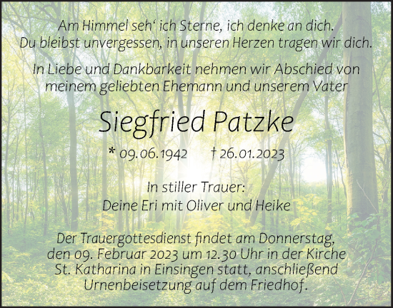 Traueranzeige von Siegfried Patzke von SÜDWEST PRESSE Ausgabe Ulm/Neu-Ulm