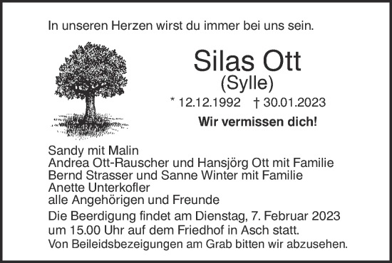 Traueranzeige von Silas Ott von SÜDWEST PRESSE Ausgabe Ulm/Neu-Ulm