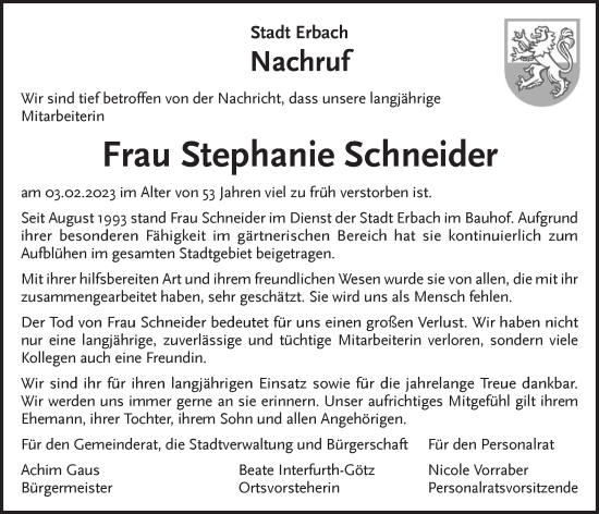 Traueranzeige von Stephanie Schneider von SÜDWEST PRESSE