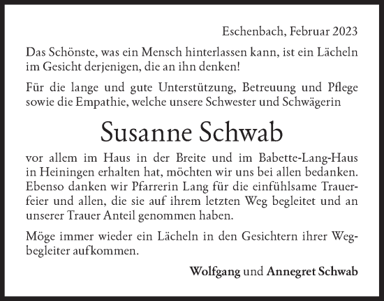 Traueranzeige von Susanne Schwab von NWZ Neue Württembergische Zeitung