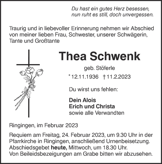 Traueranzeige von Thea Schwenk von Ehinger Tagblatt