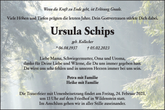 Traueranzeige von Ursula Schips von Hohenloher Tagblatt