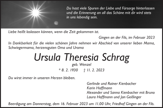 Traueranzeige von Ursula Theresia Schrag von Geislinger Zeitung