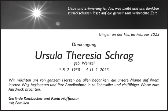 Traueranzeige von Ursula Theresia Schrag von Geislinger Zeitung