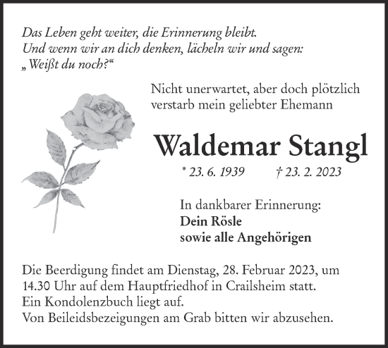 Traueranzeige von Waldemar Stangl von Hohenloher Tagblatt