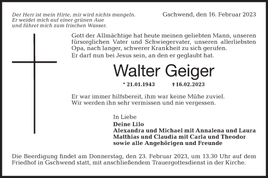 Traueranzeige von Walter Geiger von Rundschau Gaildorf