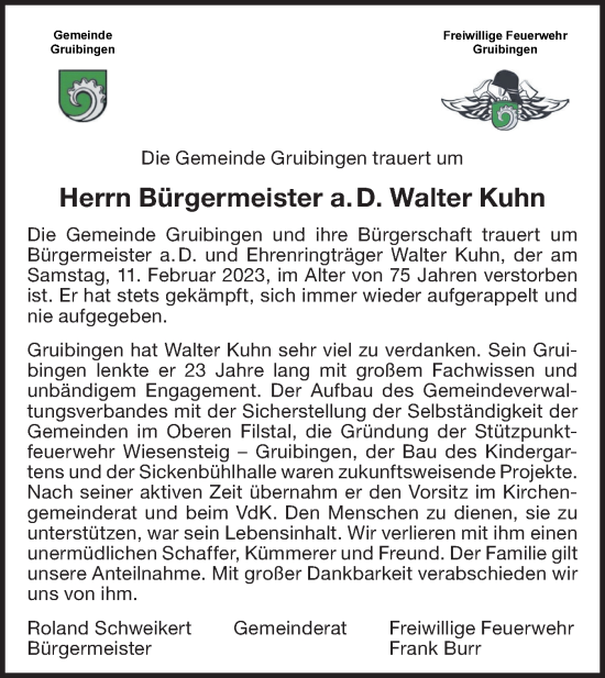 Traueranzeige von Walter Kuhn von NWZ Neue Württembergische Zeitung/Geislinger Zeitung