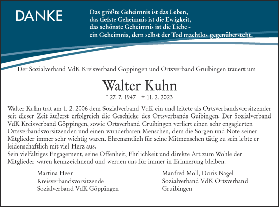 Traueranzeige von Walter Kuhn von NWZ Neue Württembergische Zeitung