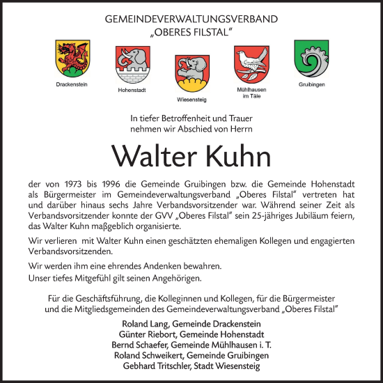 Traueranzeige von Walter Kuhn von NWZ Neue Württembergische Zeitung/Geislinger Zeitung