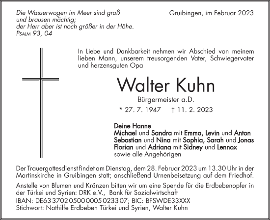 Traueranzeige von Walter Kuhn von NWZ Neue Württembergische Zeitung/Geislinger Zeitung