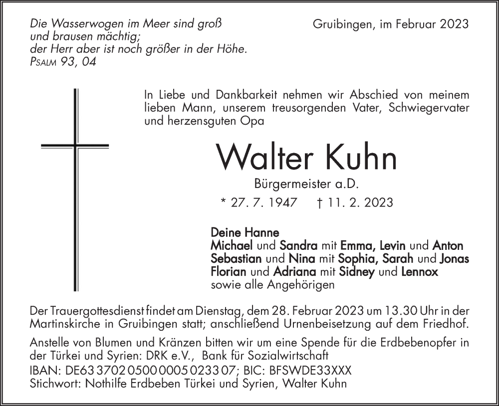  Traueranzeige für Walter Kuhn vom 23.02.2023 aus NWZ Neue Württembergische Zeitung/Geislinger Zeitung