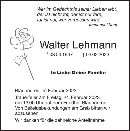 Traueranzeige von Walter Lehmann von SÜDWEST PRESSE