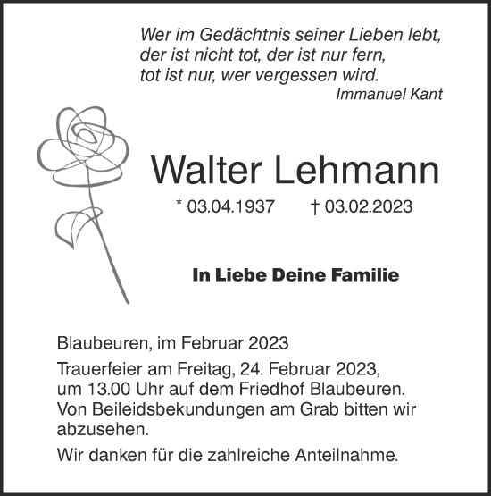 Traueranzeige von Walter Lehmann von SÜDWEST PRESSE