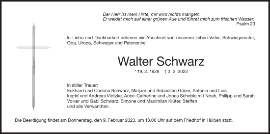 Traueranzeige von Walter Schwarz von Metzinger-Uracher Volksblatt