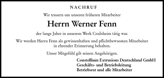 Traueranzeige von Werner Fenn von Hohenloher Tagblatt