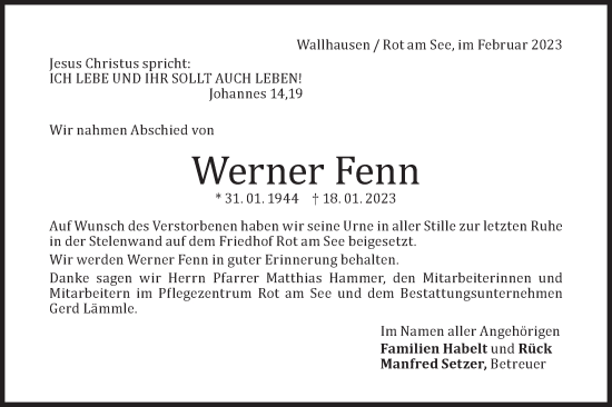 Traueranzeige von Werner Fenn von Hohenloher Tagblatt