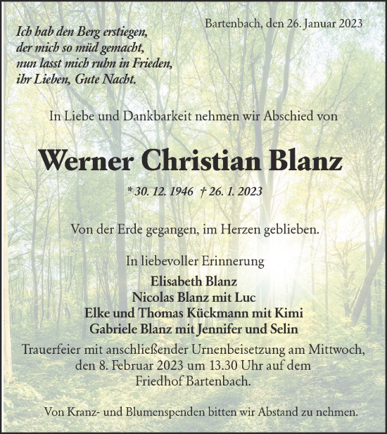 Traueranzeige von Werner Christian Blanz von NWZ Neue Württembergische Zeitung