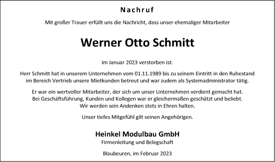 Traueranzeige von Werner Otto Schmitt von SÜDWEST PRESSE Ausgabe Ulm/Neu-Ulm