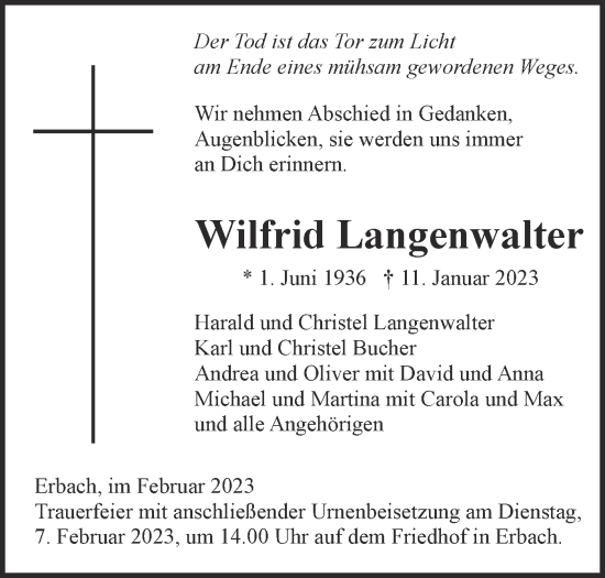 Traueranzeige von Wilfrid Langenwalter von SÜDWEST PRESSE Ausgabe Ulm/Neu-Ulm