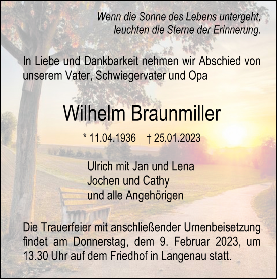 Traueranzeige von Wilhelm Braunmiller von SÜDWEST PRESSE Ausgabe Ulm/Neu-Ulm