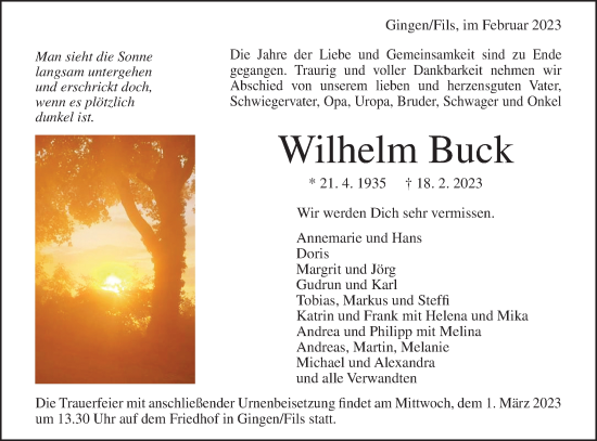 Traueranzeige von Wilhelm Buck von NWZ Neue Württembergische Zeitung/Geislinger Zeitung