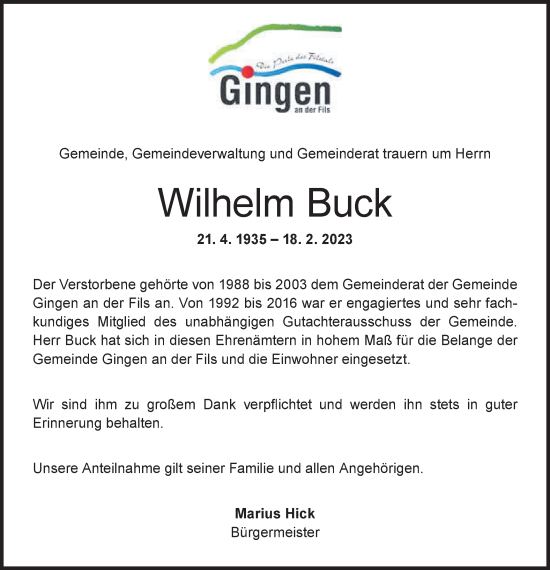 Traueranzeige von Wilhelm Buck von NWZ Neue Württembergische Zeitung/Geislinger Zeitung