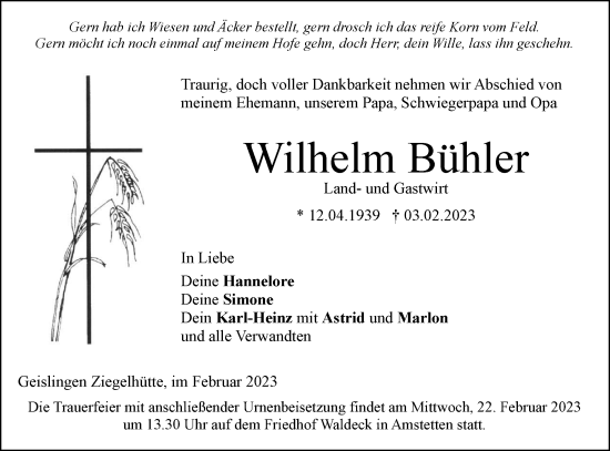 Traueranzeige von Wilhelm Bühler von Geislinger Zeitung