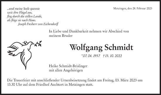 Traueranzeige von Wolfgang Schmidt von Metzinger-Uracher Volksblatt