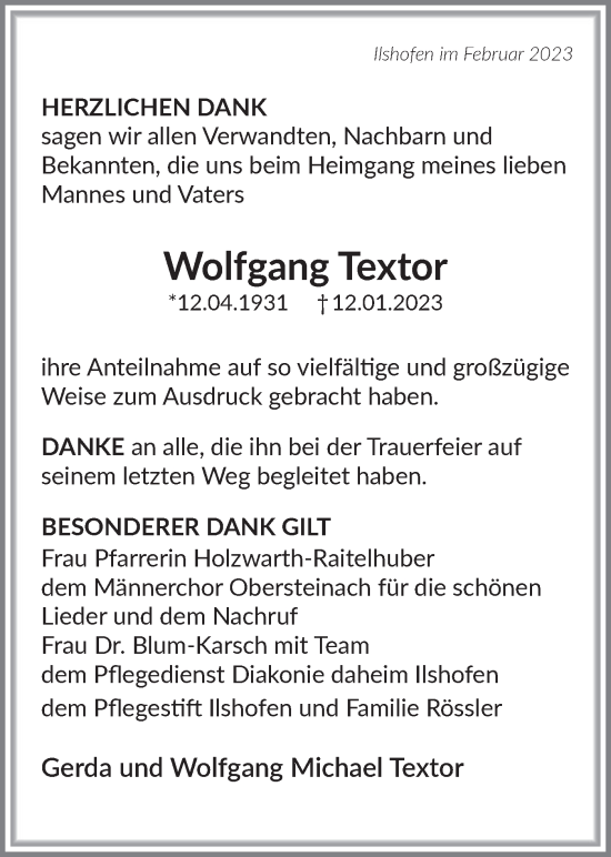 Traueranzeige von Wolfgang Textor von Haller Tagblatt