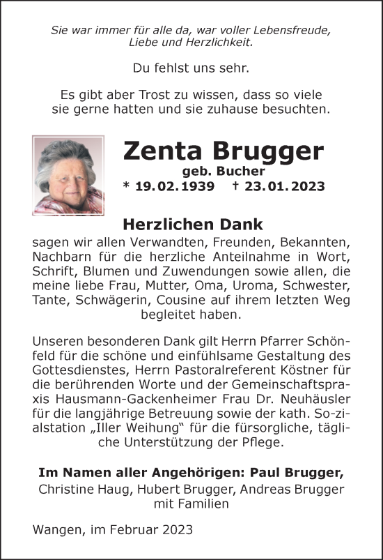 Traueranzeige von Zenta Brugger von SÜDWEST PRESSE Ausgabe Ulm/Neu-Ulm