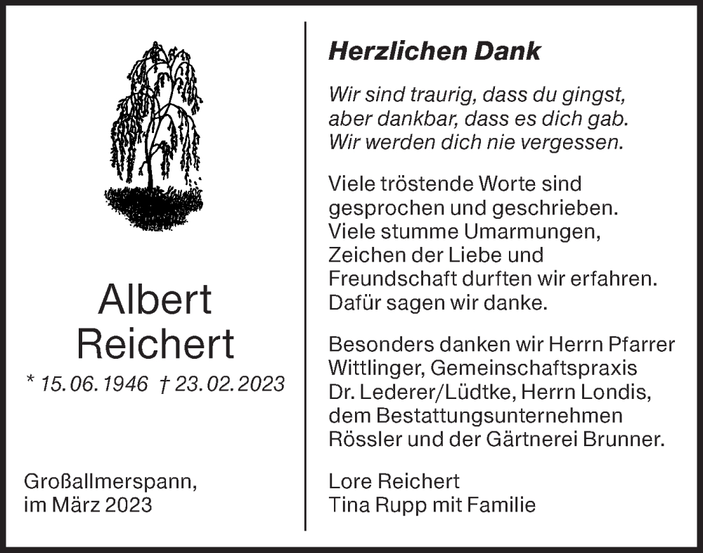  Traueranzeige für Albert Reichert vom 23.03.2023 aus Haller Tagblatt