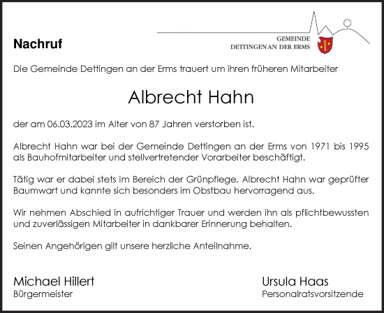 Traueranzeige von Albrecht Hahn von Metzinger-Uracher Volksblatt