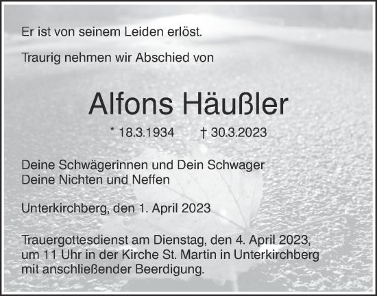 Traueranzeige von Alfons Häußler von SÜDWEST PRESSE Ausgabe Ulm/Neu-Ulm