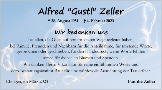 Traueranzeige von Alfred Zeller von Ehinger Tagblatt