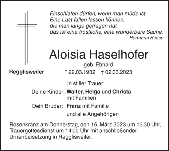 Traueranzeige von Aloisia Haselhofer von SÜDWEST PRESSE Ausgabe Ulm/Neu-Ulm