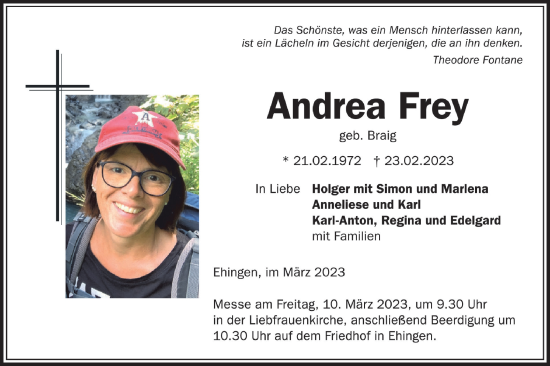 Traueranzeige von Andrea Frey von Ehinger Tagblatt