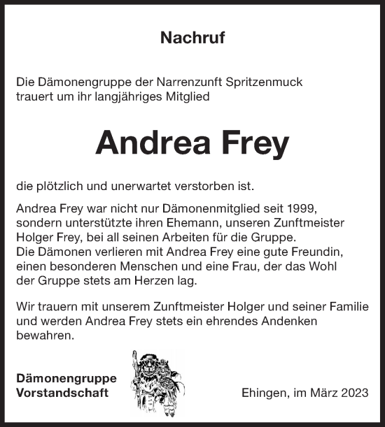 Traueranzeige von Andrea Frey von Ehinger Tagblatt