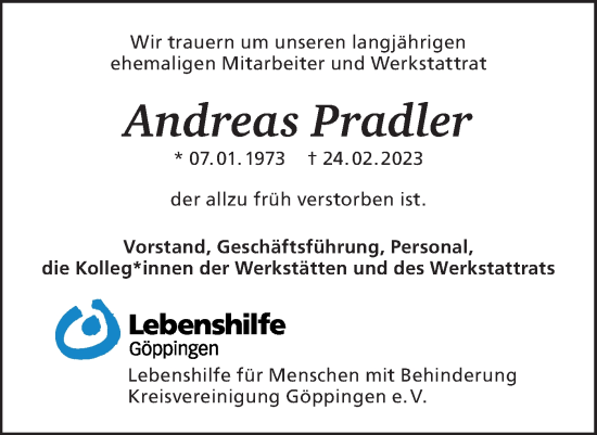 Traueranzeige von Andreas Pradler von NWZ Neue Württembergische Zeitung