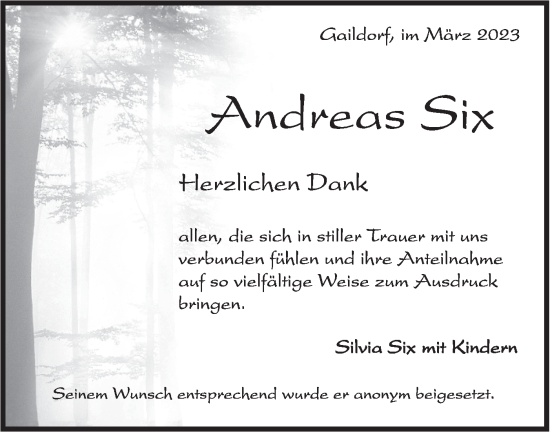 Traueranzeige von Andreas Six von Rundschau Gaildorf