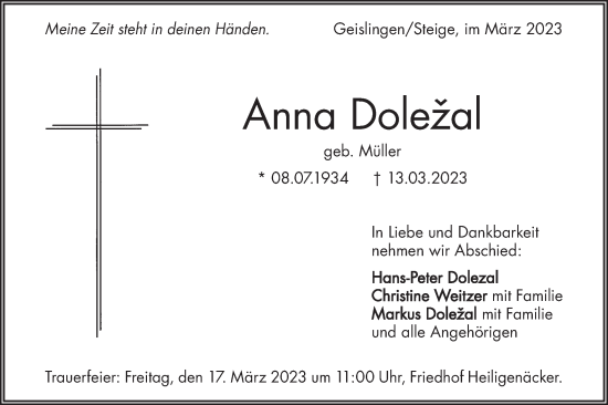 Traueranzeige von Anna Doležal von Geislinger Zeitung