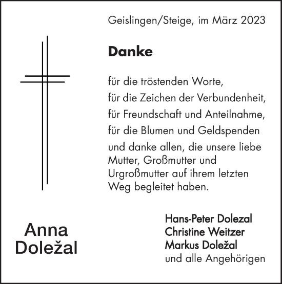 Traueranzeige von Anna Doležal von Geislinger Zeitung