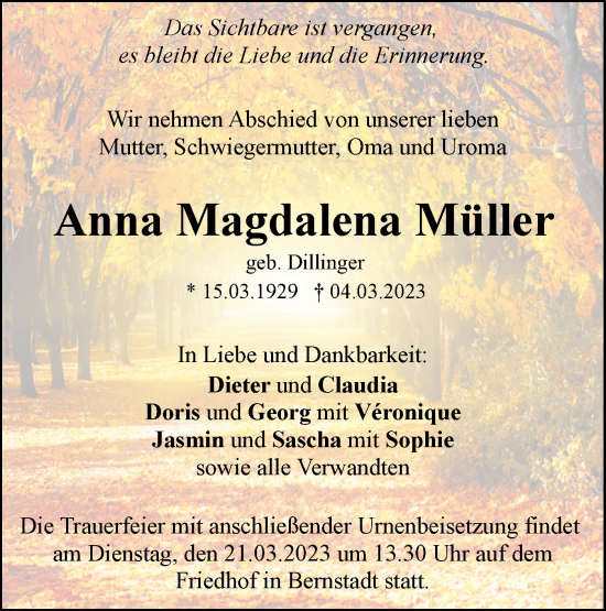 Traueranzeige von Anna Magdalena Müller von SÜDWEST PRESSE Ausgabe Ulm/Neu-Ulm