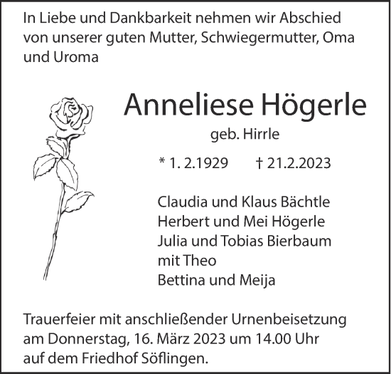 Traueranzeige von Anneliese Högerle von SÜDWEST PRESSE Ausgabe Ulm/Neu-Ulm